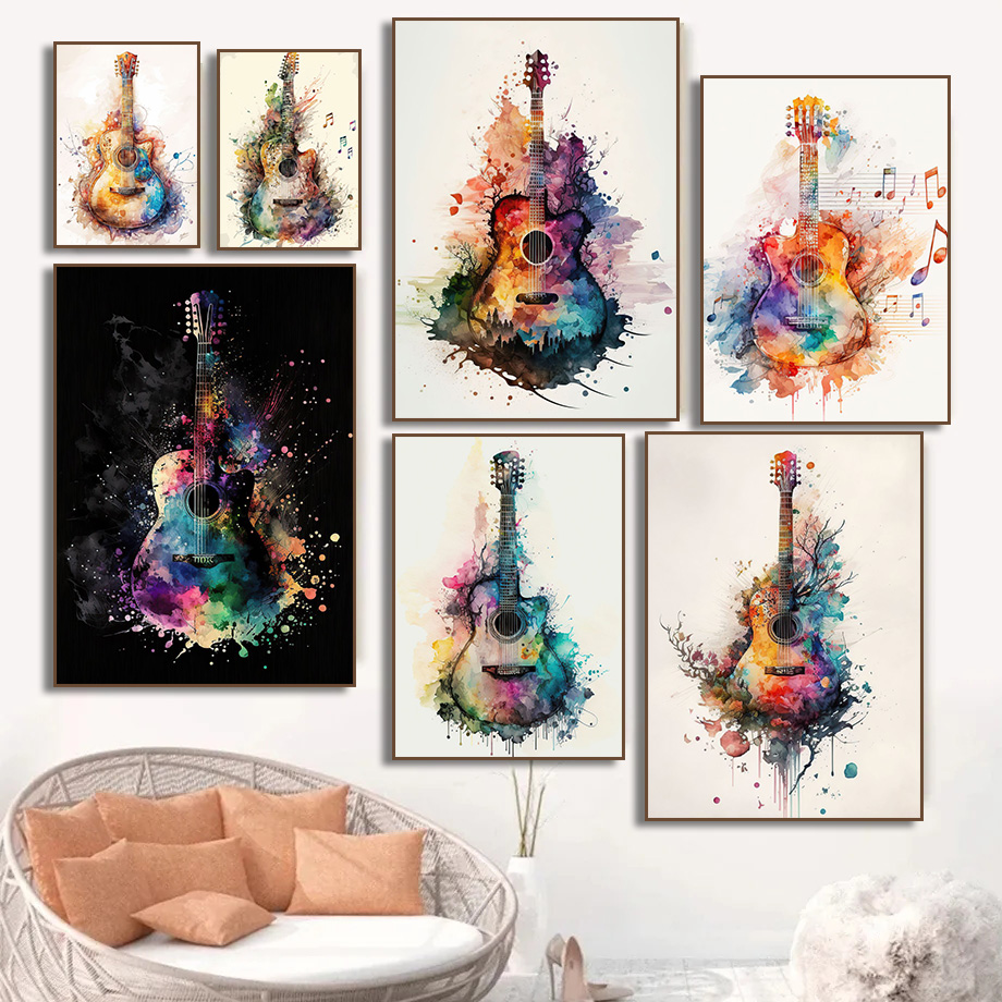 Picture Of Musical Instrument - Instrumento musical guitarra aquarela arte cartaz